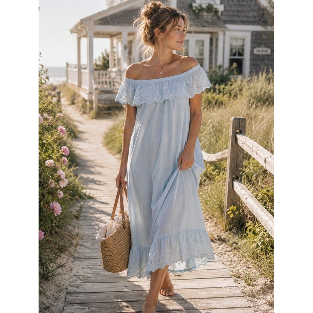 Pastel Blue Chambray Off Shoulder XL Midi Maxi Ruffle Lacy Coquette European Sum